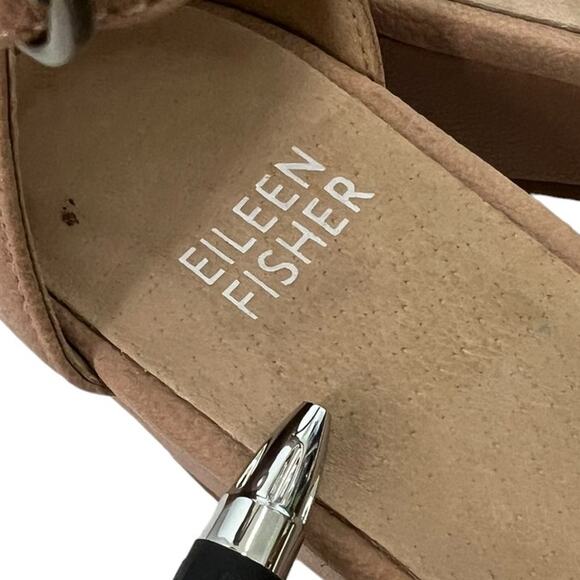 EILEEN FISHER "MARA" TAN LEATHER ANKLE STRAP OPEN TOE LOW HEEL SANDALS/WEDGES - Picture 8 of 11